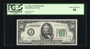 image for: Fr. 2104-J $50 1934B Federal Reserve Note. PCGS Choice About New 58....