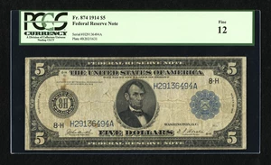 image for: Fr. 874 $5 1914 Federal Reserve Note PCGS Fine 12....