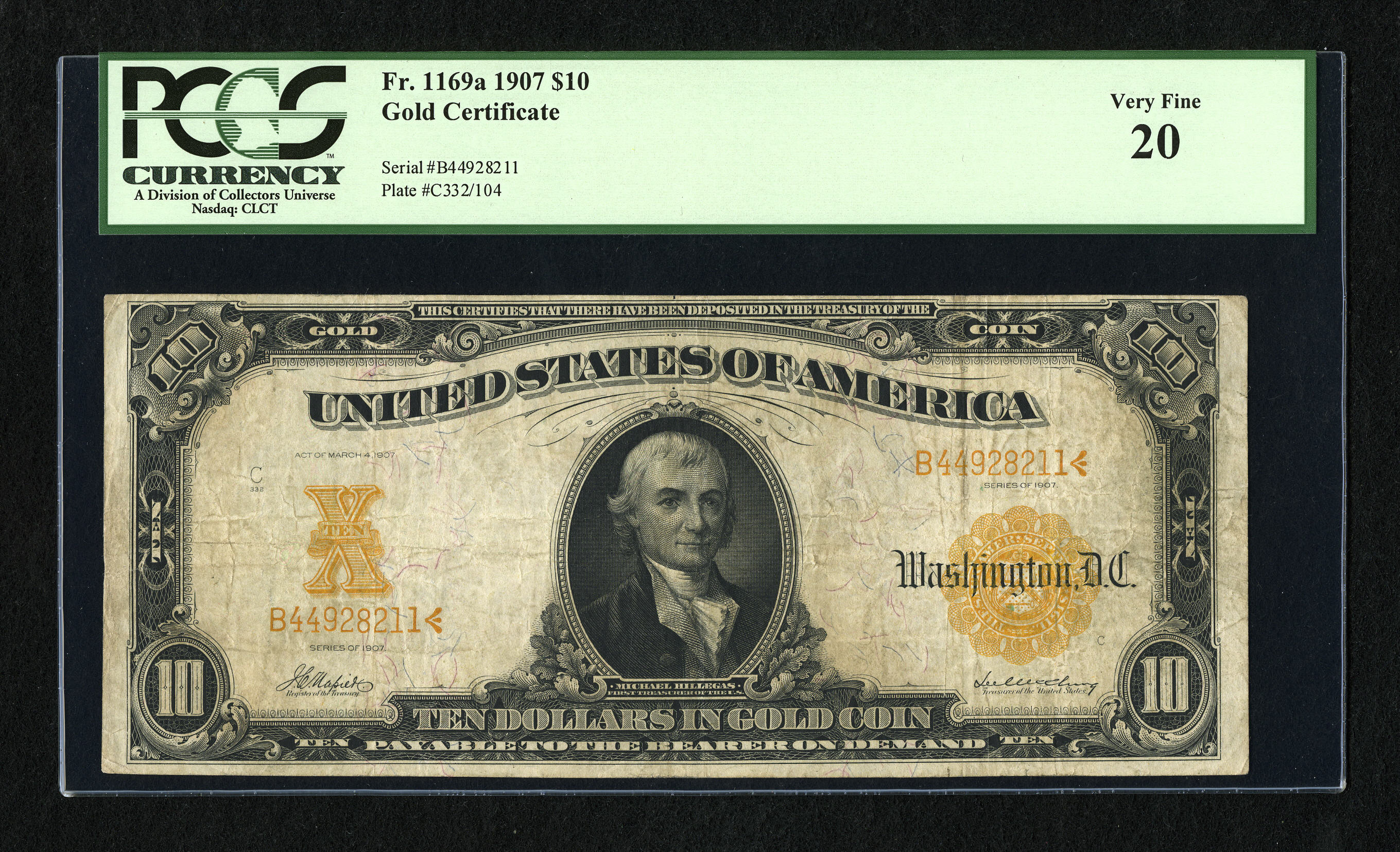 image for: Fr. 1169a $10 1907 Gold Certificate PCGS Very Fine 20....
