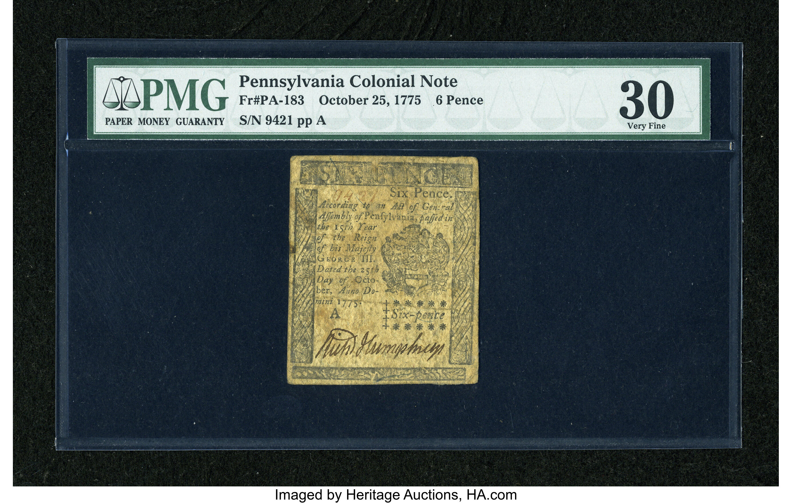 image for: Pennsylvania October 25, 1775 6d PMG Very Fine 30....