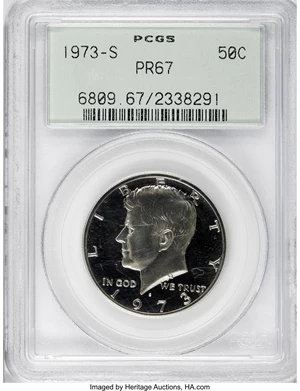 image for: 1973-S 50C PR67 PCGS. PCGS Population (47/70). NGC Census: (14/77). Mintage: 2,760,339. Numismedia Wsl. Price for NGC/PCGS ...