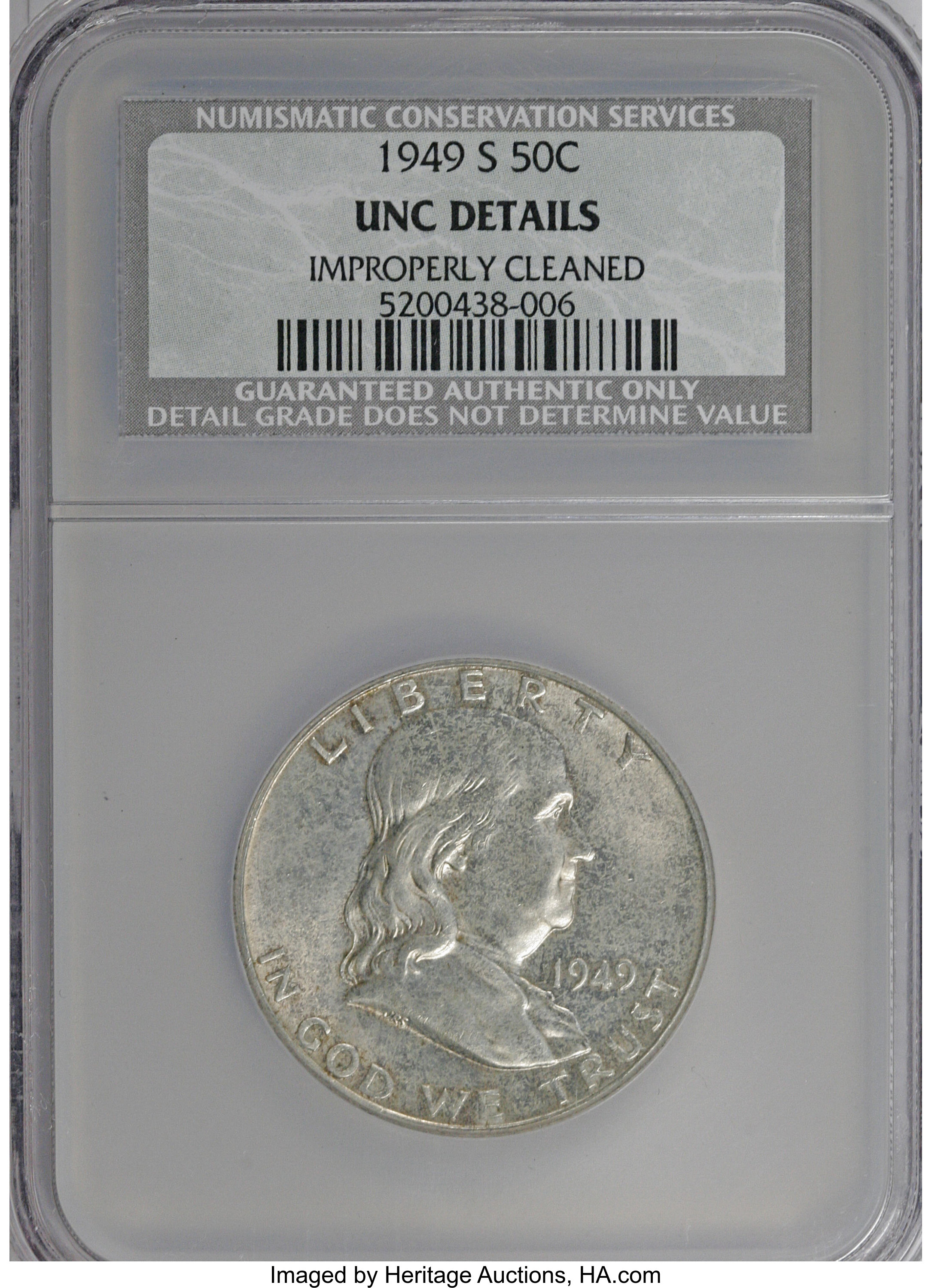 1949-S 50C --Improperly Cleaned--NCS. UNC Details. NGC Census: (0/1705). PCGS Population (3/2861). Mintage: 3,744,000. Numis...