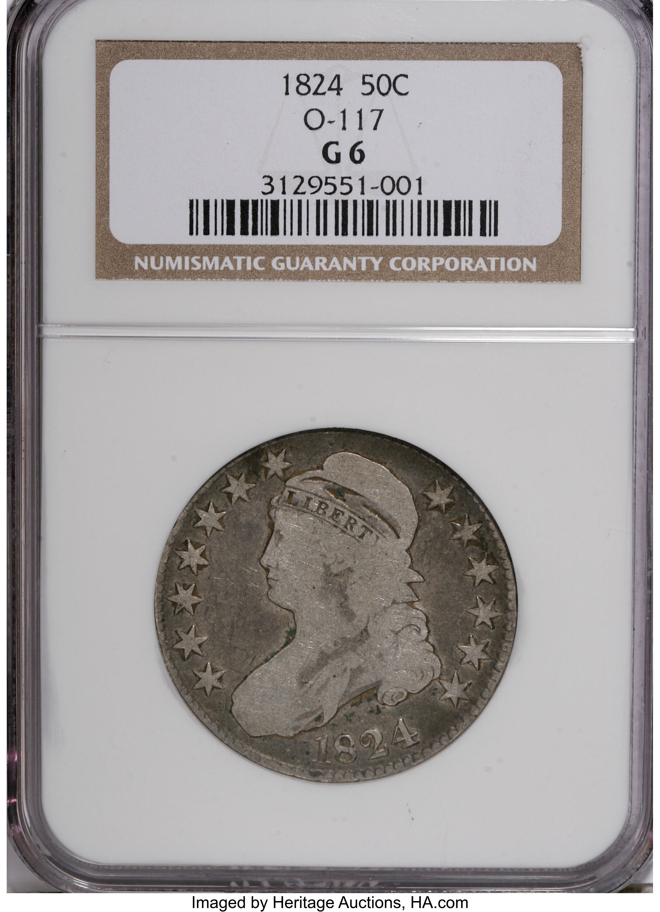 1824 50C G6 NGC. O-117. NGC Census: (1/643). PCGS Population (0/641). Mintage: 3,504,954. Numismedia Wsl. Price for NGC/PC...