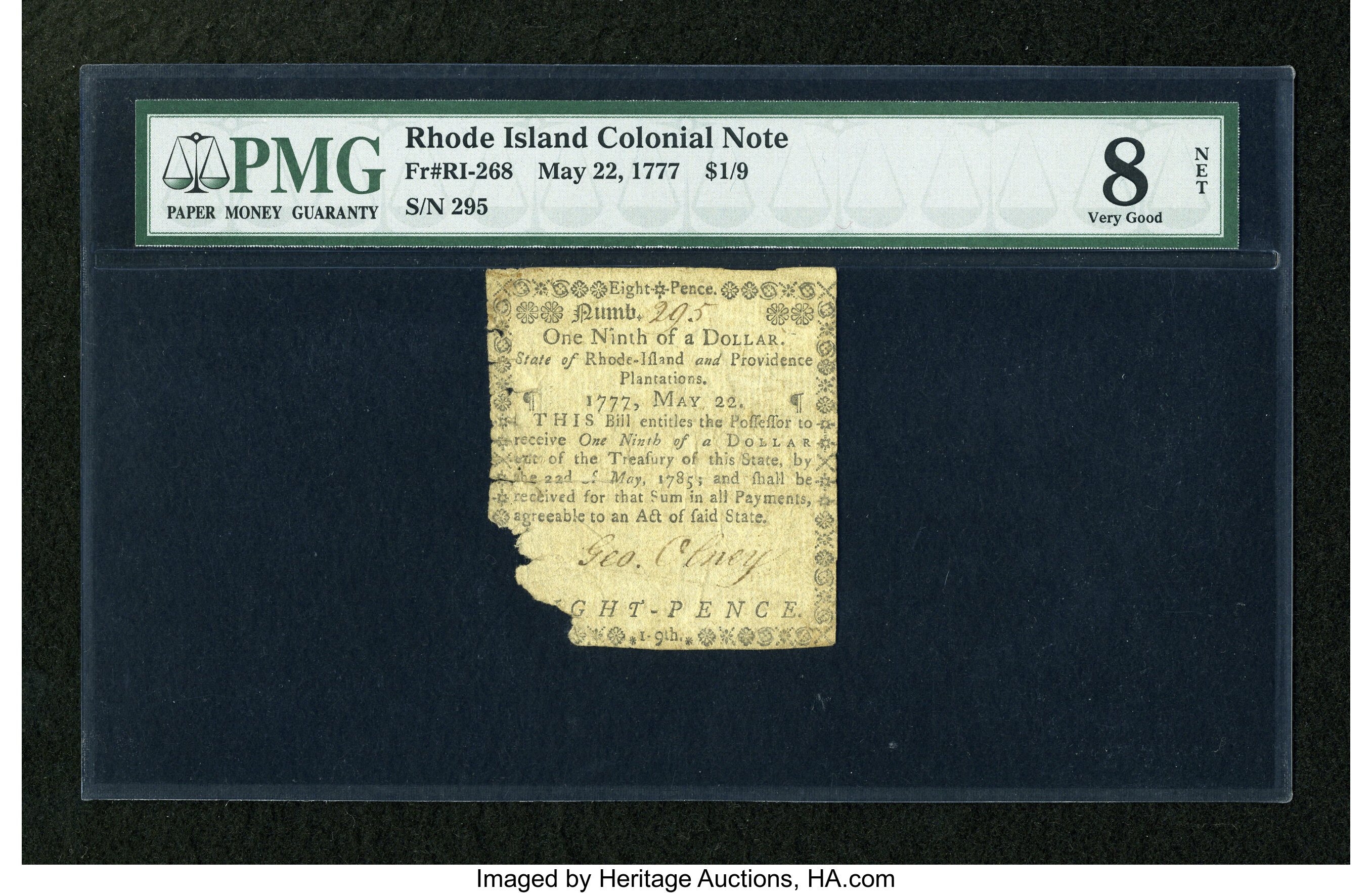 image for: Rhode Island May 22, 1777 $1/9 PMG Very Good Net 8....