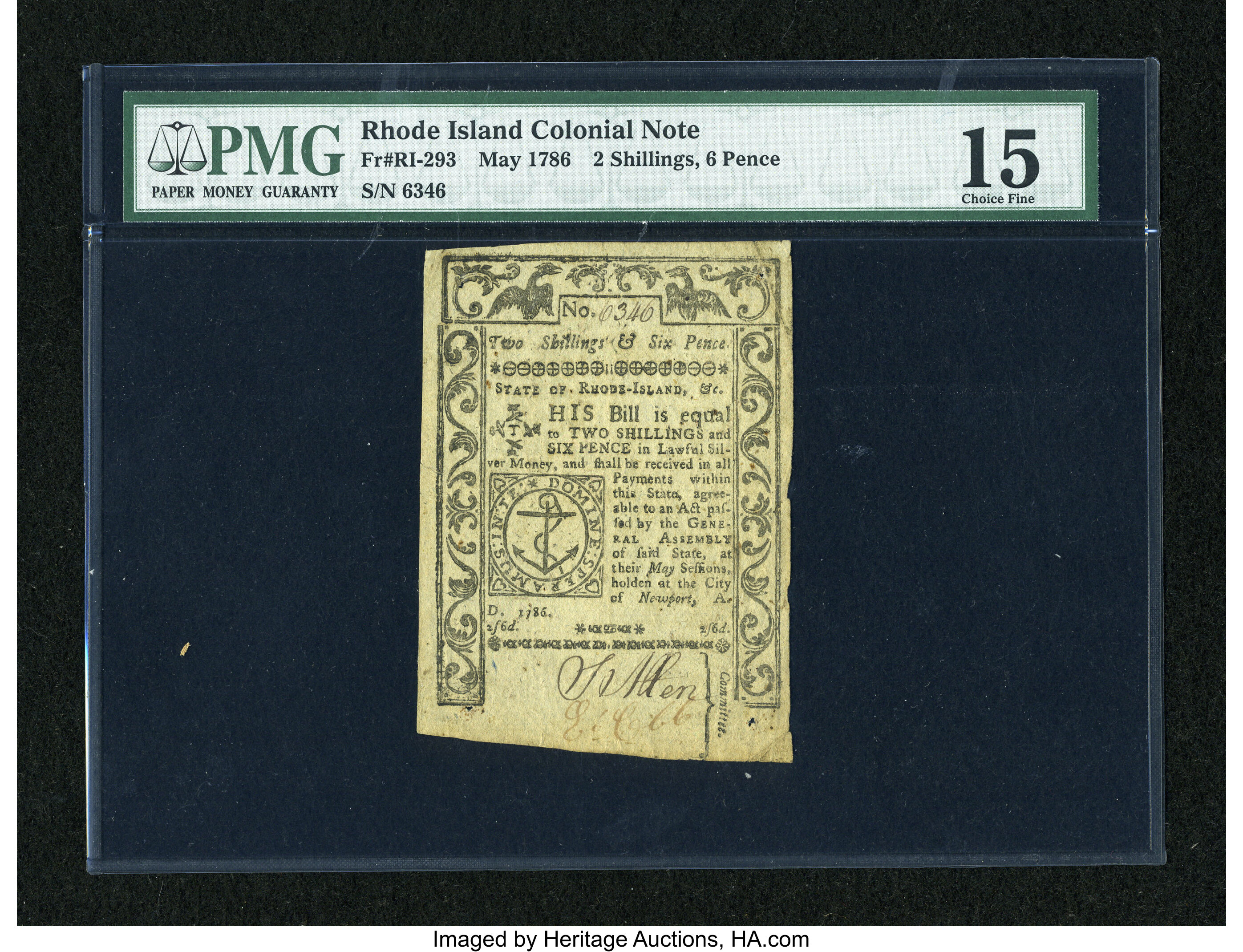 image for: Rhode Island May 1786 2s/6d PMG Choice Fine 15....