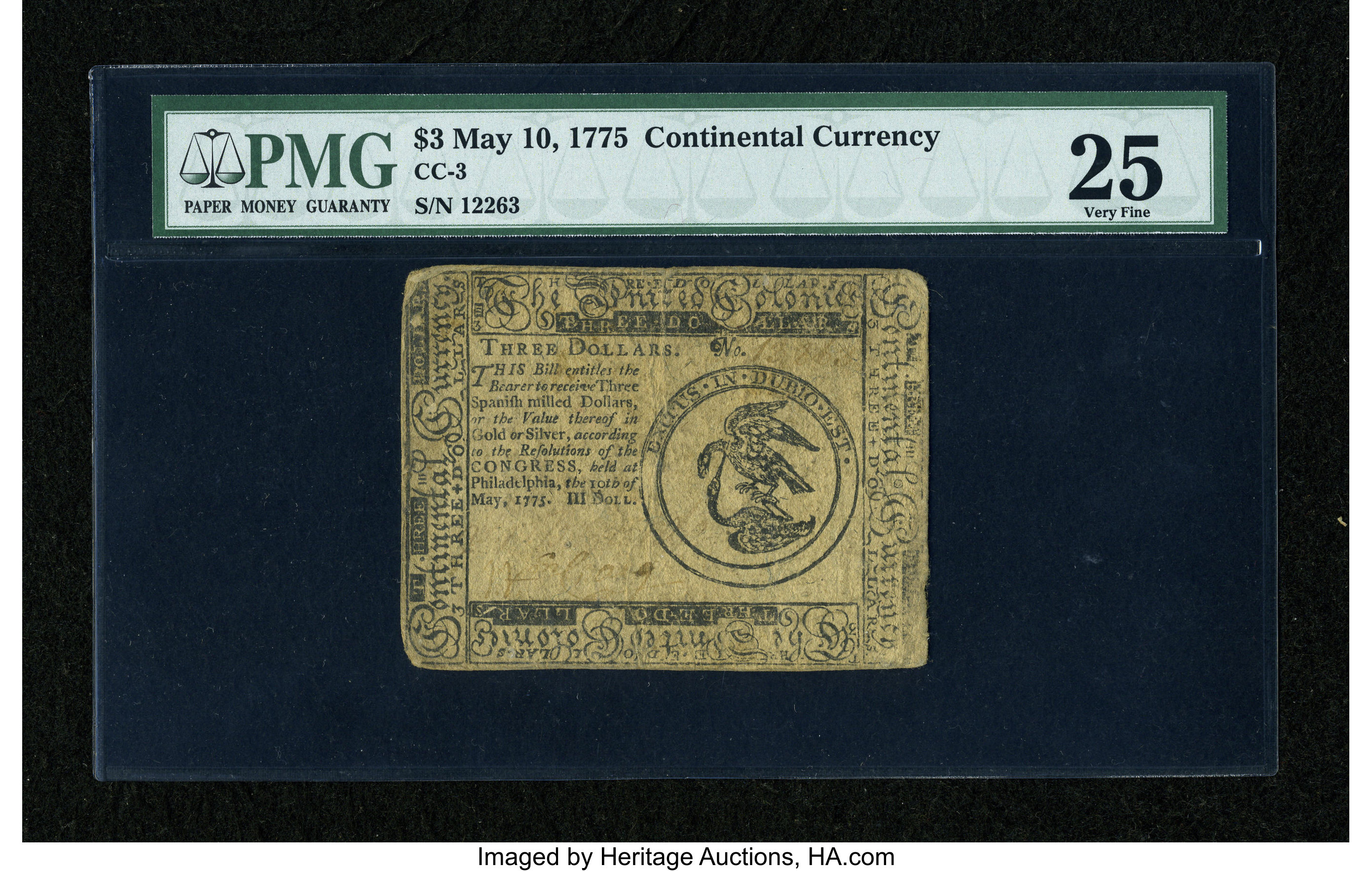 image for: Continental Currency May 10, 1775 $3 PMG Very Fine 25....