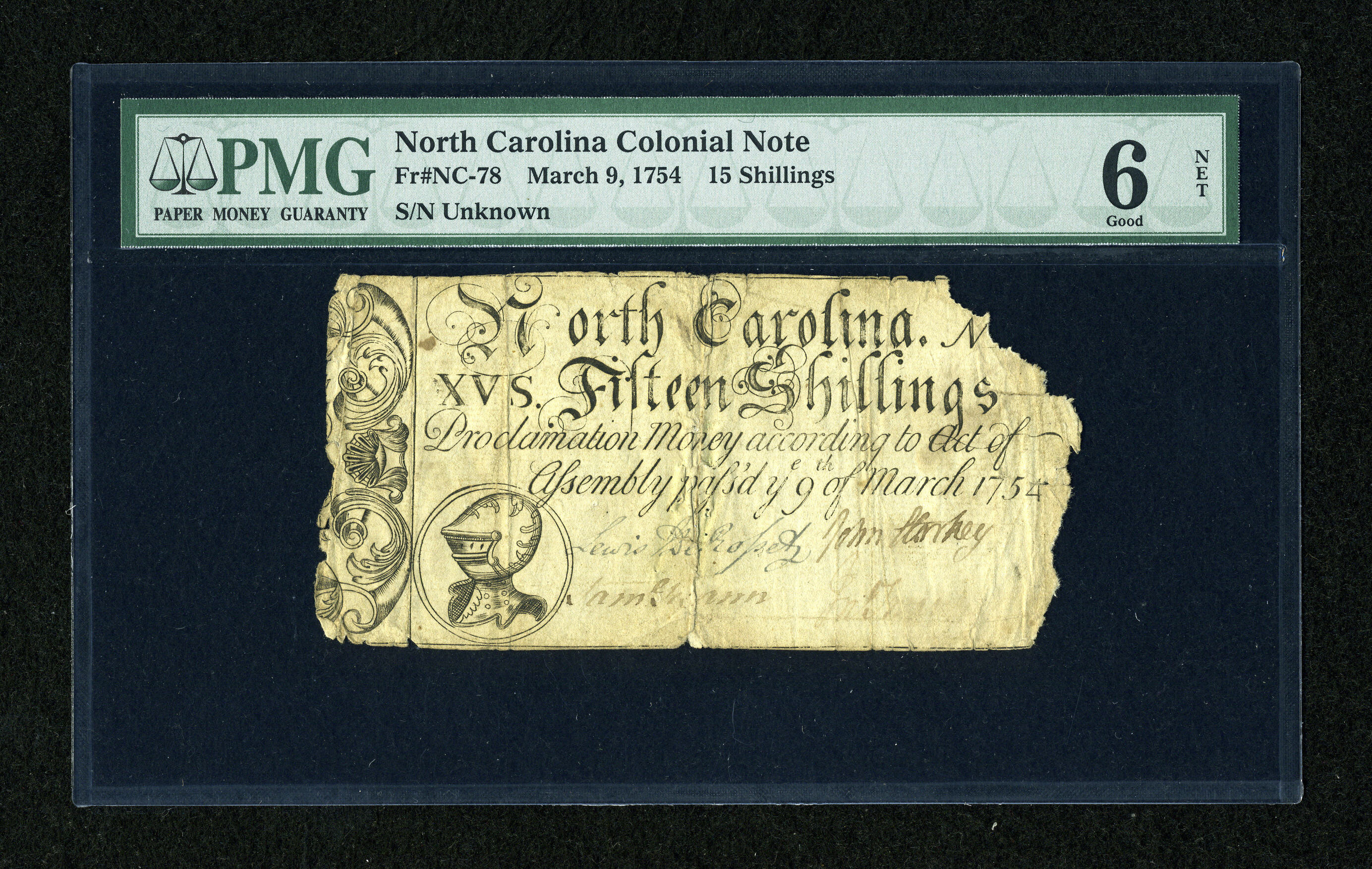 image for: North Carolina March 9, 1754 15s PMG Good Net 6....