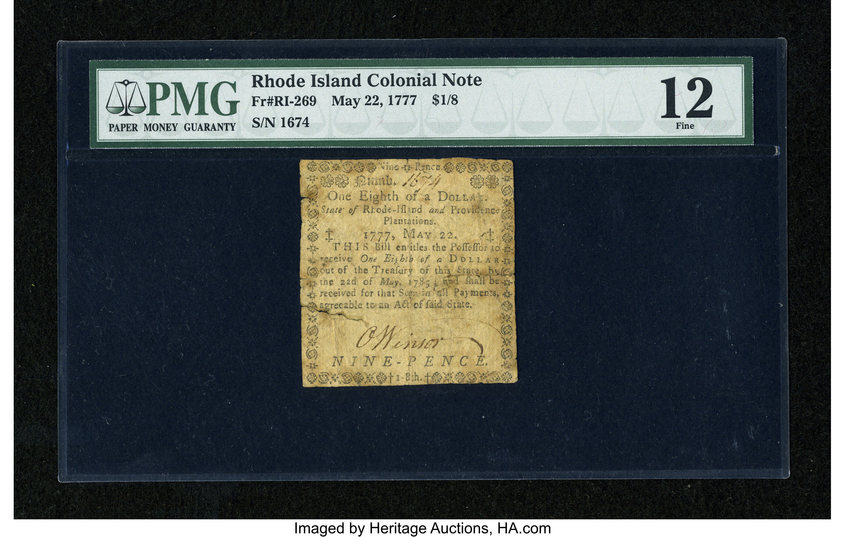 image for: Rhode Island May 22, 1777 $1/8 PMG Fine 12....