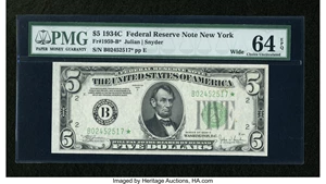 image for: Fr. 1959-B* $5 1934C Federal Reserve Note. PMG Choice Uncirculated 64 EPQ....