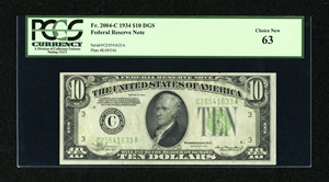 image for: Fr. 2004-C $10 1934 Federal Reserve Note. PCGS Choice New 63....