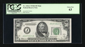 image for: Fr. 2104-J $50 1934B Federal Reserve Note. PCGS Choice New 63....