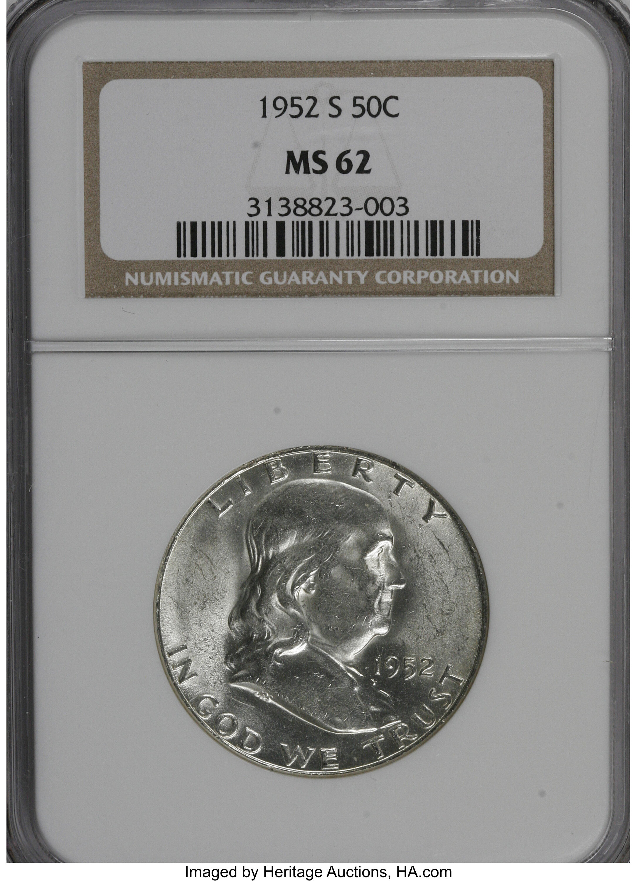 1952-S 50C MS62 NGC. NGC Census: (11/1441). PCGS Population (10/2240). Mintage: 5,526,000. Numismedia Wsl. Price for NGC/PC...