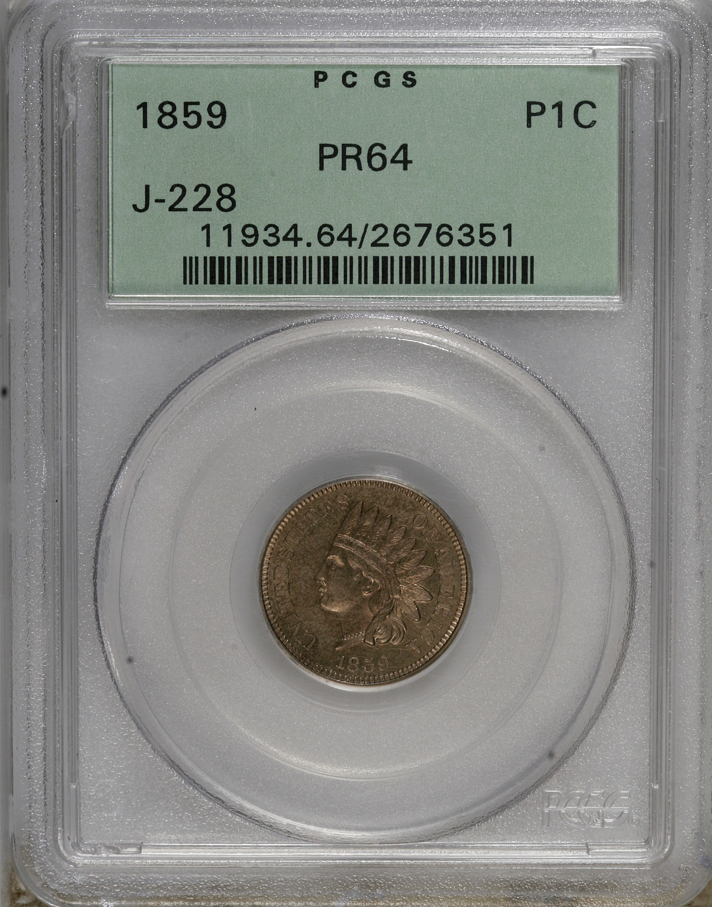 image for: 1859 P1C Indian Cent, Judd-228, Pollock-272, R.1, PR64 PCGS. PCGS Population (9/2). NGC Census: (0/0).   (#11934)...
