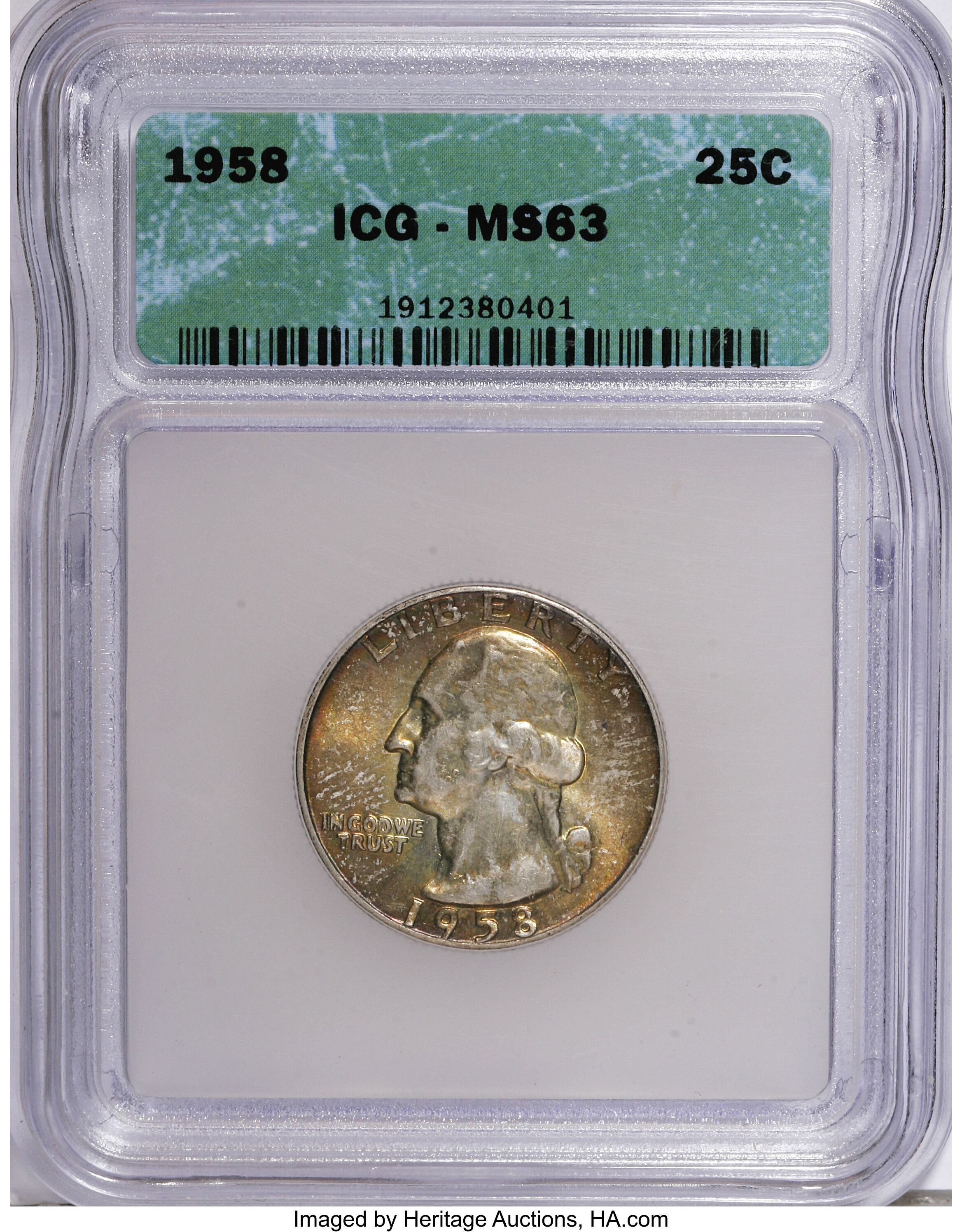 1958 25C MS63 ICG. NGC Census: (16/2963). PCGS Population (21/2709). Mintage: 6,300,000. Numismedia Wsl. Price for NGC/PCGS...