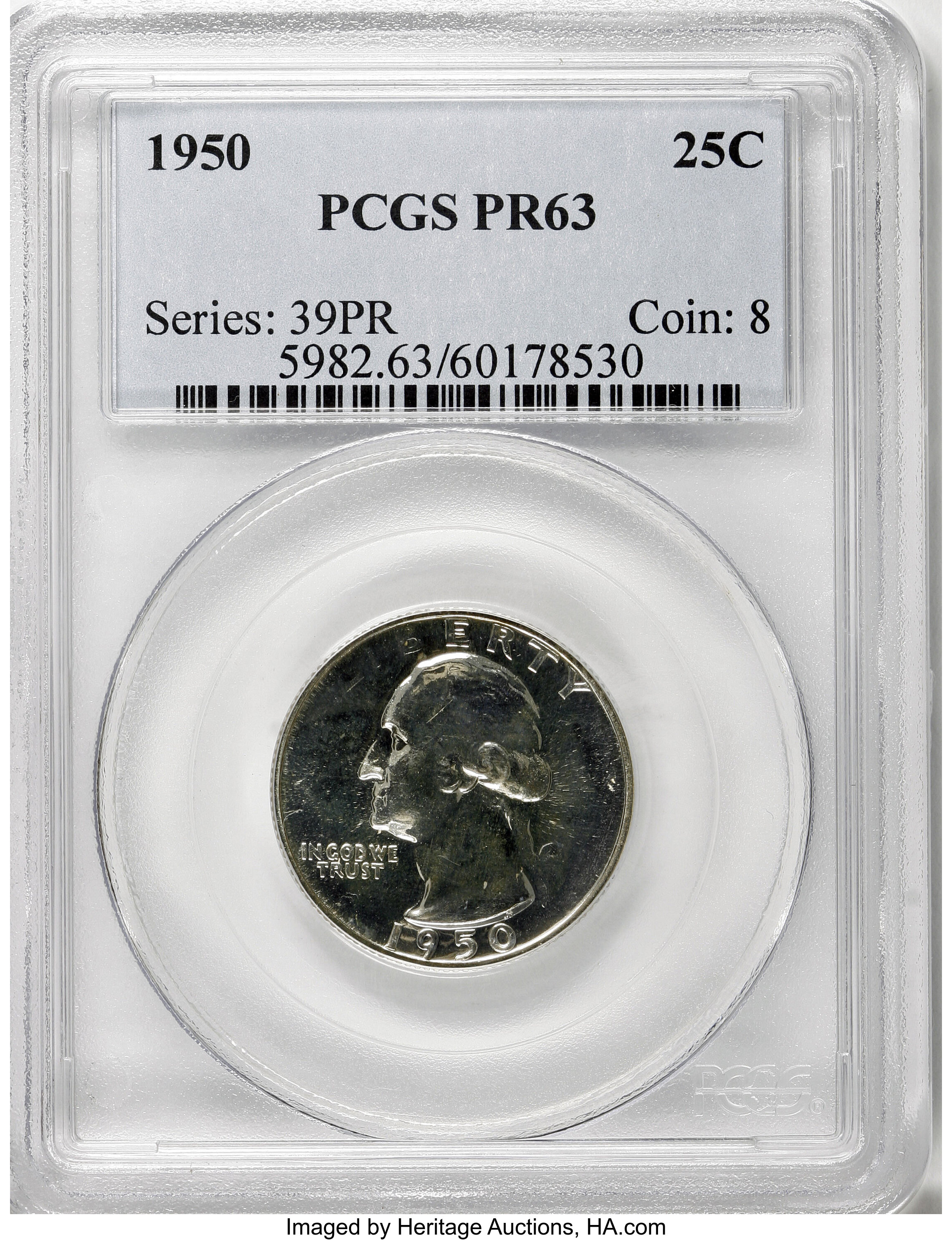 1950 25C PR63 PCGS. PCGS Population (51/1609). NGC Census: (24/817). Mintage: 51,386. Numismedia Wsl. Price for NGC/PCGS co...
