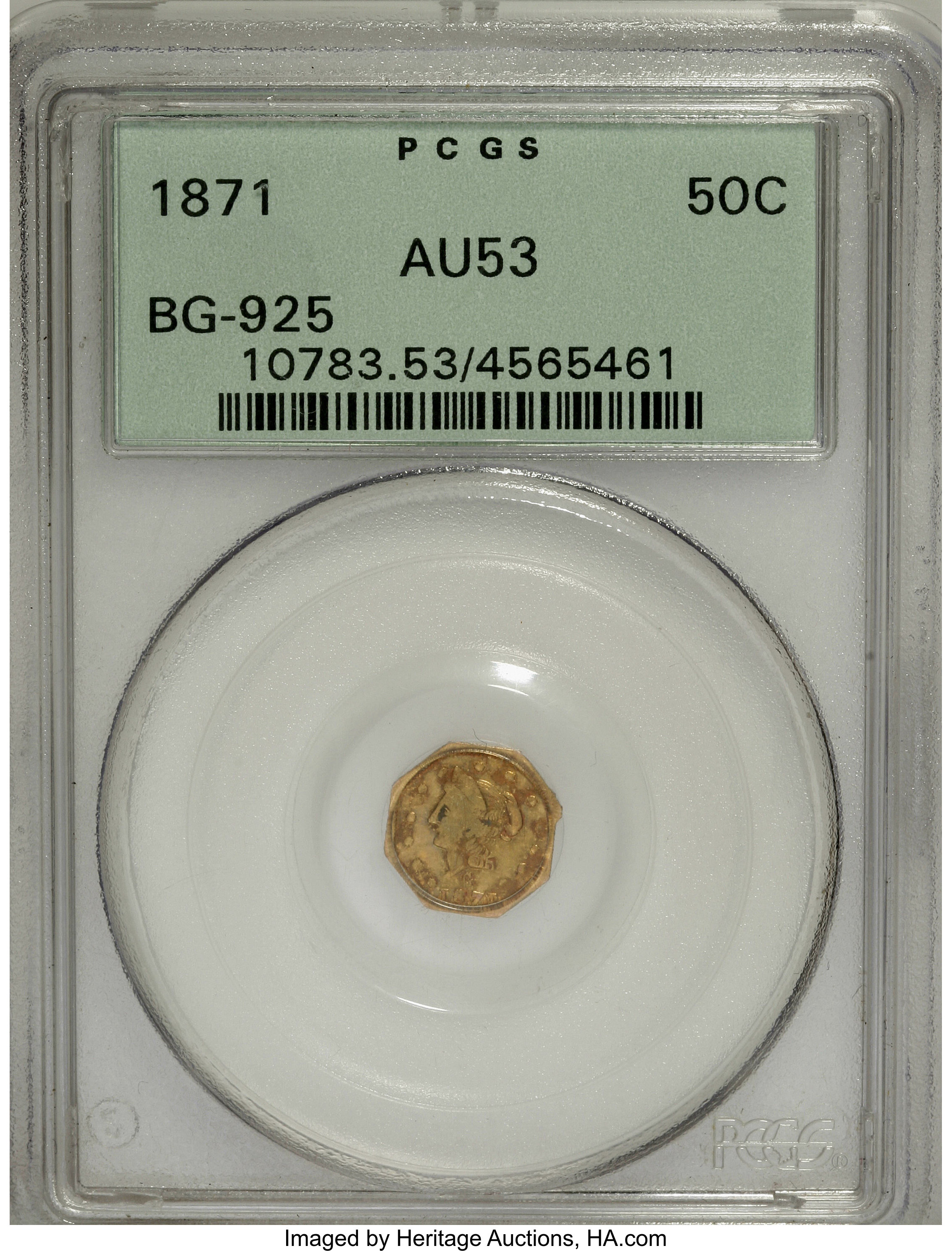 image for: 1871 50C Liberty Octagonal 50 Cents, BG-925, High R.4, AU53 PCGS. PCGS Population (3/54). NGC Census: (0/0).   (#10783)...
