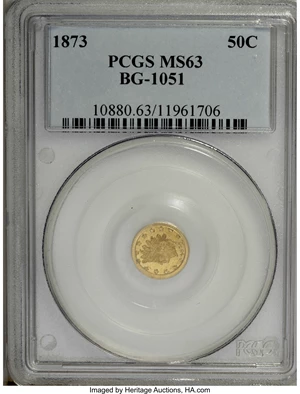 image for: 1873 50C Indian Round 50 Cents, BG-1051, Low R.5, MS63 PCGS. PCGS Population (14/8). NGC Census: (1/1). (#10880)...