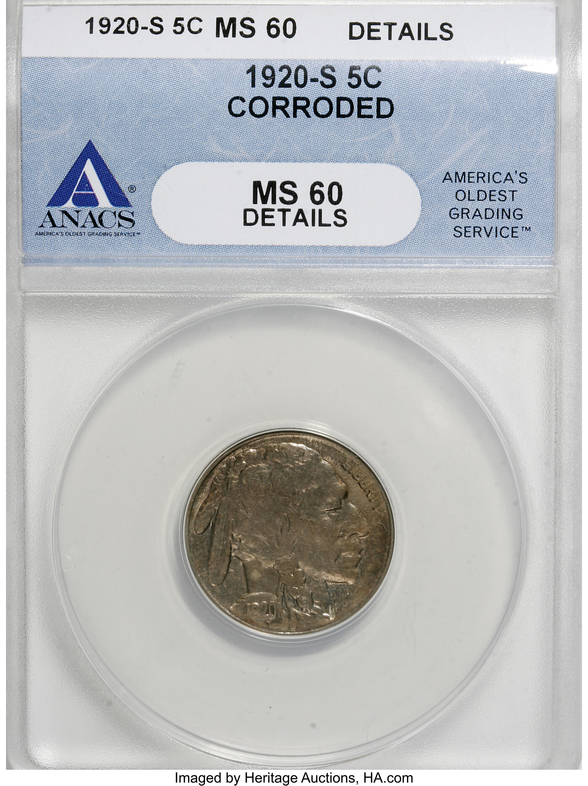 1920-S 5C --Corroded--ANACS. MS60 Details. NGC Census: (0/325). PCGS Population (1/442). Mintage: 9,689,000. Numismedia Wsl....