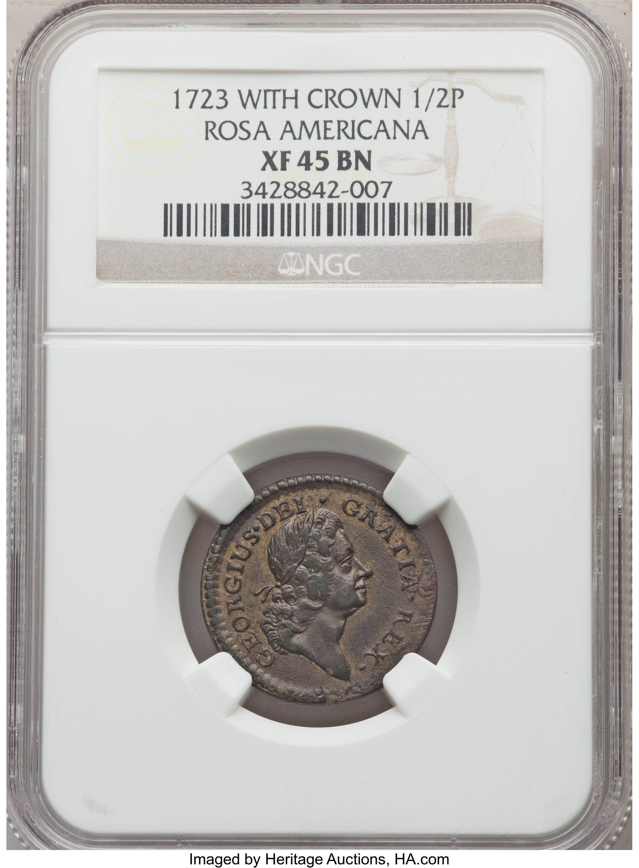 image for: 1723 1/2 P Rosa Americana Halfpenny, Crown XF45 NGC. NGC Census: (0/0). PCGS Population: (1/13).  ...