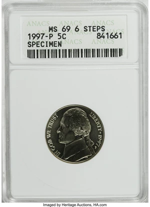 image for: 1997-P 5C SP69 Full Steps ANACS. NGC Census: (0/0). PCGS Population (0/0). (#84139)...