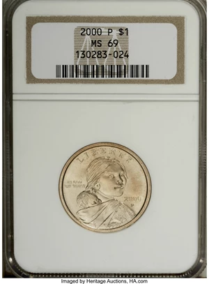 image for: 2000-P $1 Sacagawea MS69 NGC. NGC Census: (76/0). PCGS Population (6/0). Numismedia Wsl. Price for NGC/PCGS coin in MS69: ...