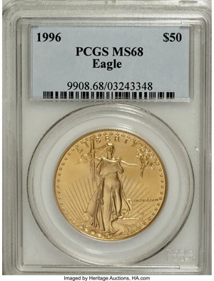 image for: 1996 G$50 One-Ounce Gold Eagle MS68 PCGS. PCGS Population (31/481). NGC Census: (54/2400). Mintage: 189,148. Numismedia Wsl...