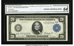 image for: Fr. 1007 $20 1914 Federal Reserve Note CGA Choice Uncirculated 64....