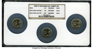 image for: 2004-D 25C Set of 3 Wisconsin Quarters, Wisconsin MS65 NGC. The Set includes 2004-D, 2004-D Extra Leaf High and 2004-D Extra... (Total: 3 coins)