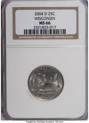 image for: 2004-D 25C Wisconsin MS66 NGC. NGC Census: (0/0). PCGS Population (124/675). Numismedia Wsl. Price for NGC/PCGS coin in MS...