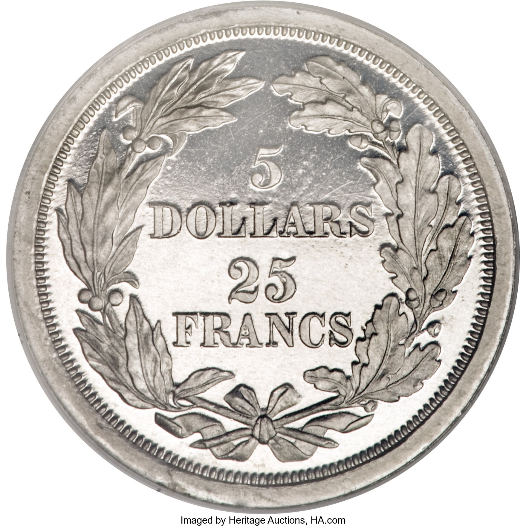 image for: 1868 $5 Dual Denomination $5-25 Francs, Judd-659, Pollock-732, Low R.7, PR66 NGC....