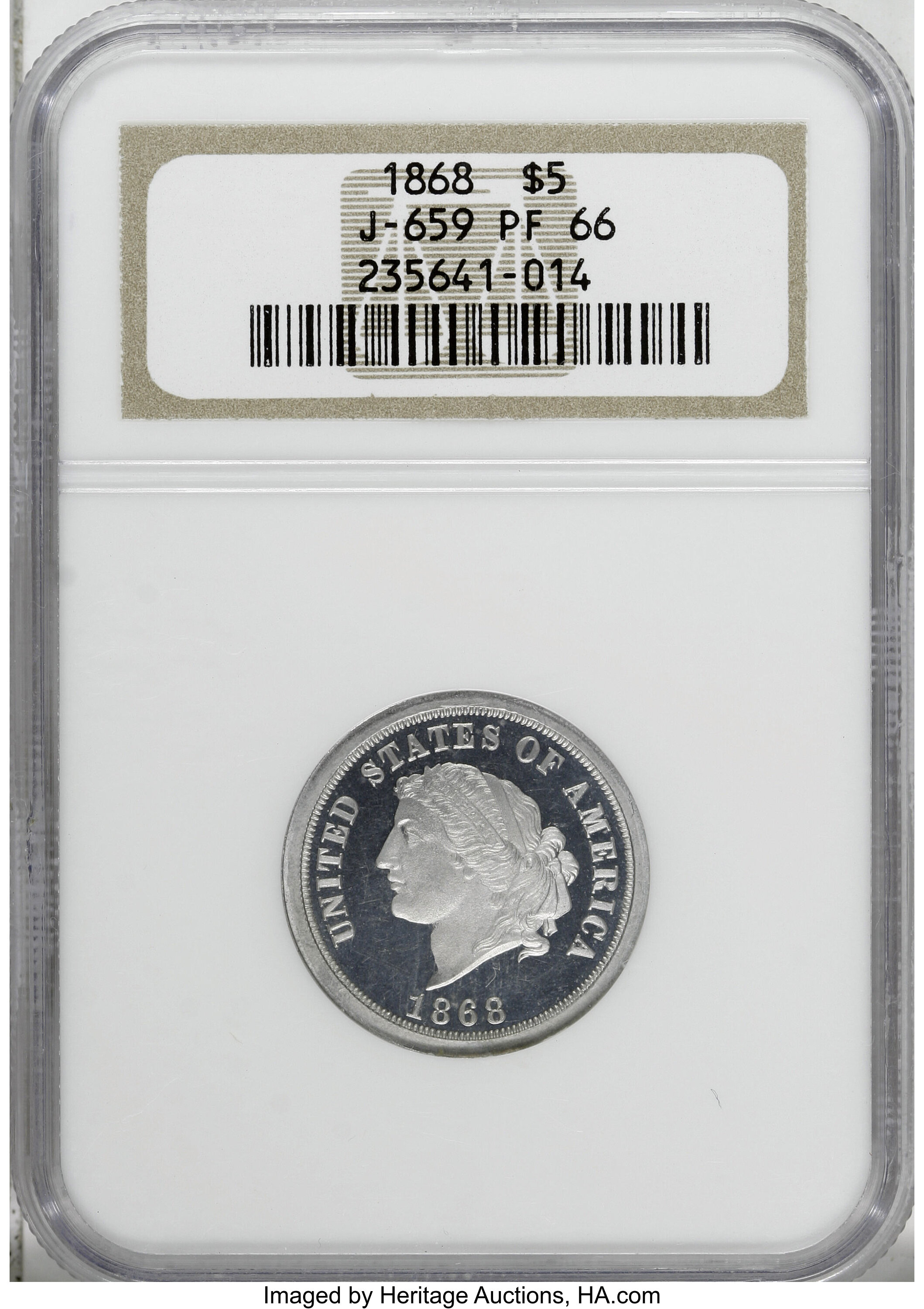 image for: 1868 $5 Dual Denomination $5-25 Francs, Judd-659, Pollock-732, Low R.7, PR66 NGC....