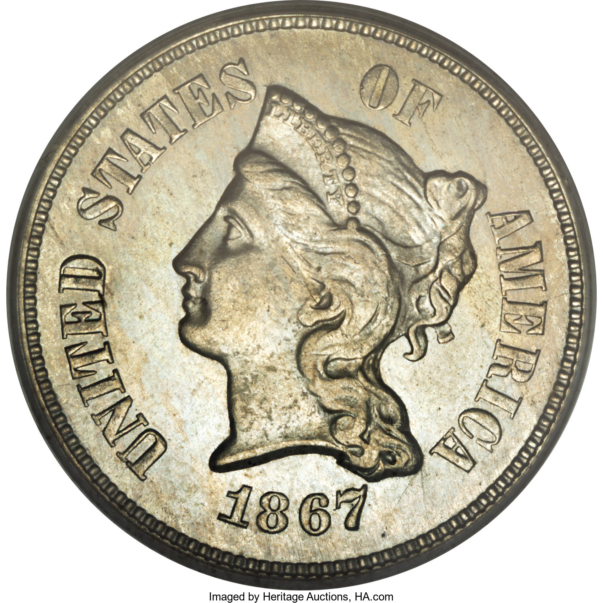image for: 1867 5C Five Cents, Judd-566, Pollock-627, Low R.6, PR64 PCGS....