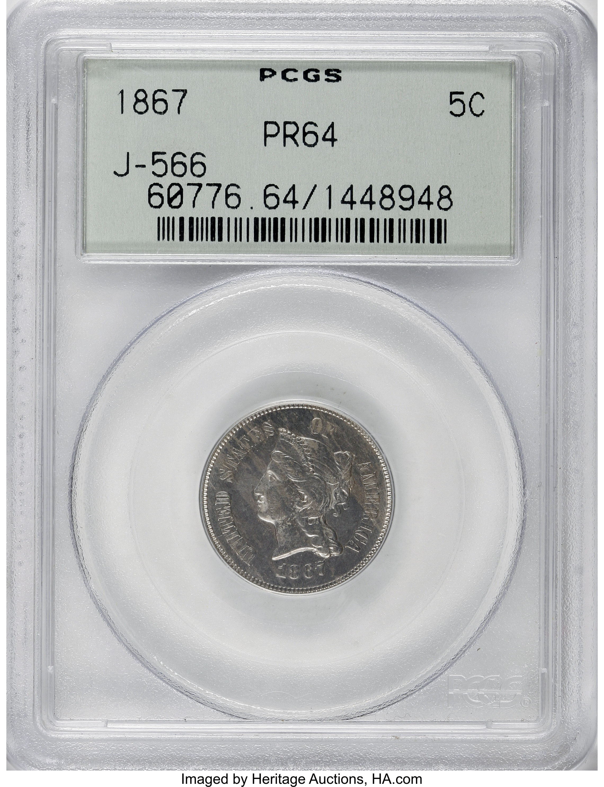 image for: 1867 5C Five Cents, Judd-566, Pollock-627, Low R.6, PR64 PCGS....