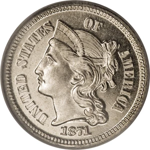 image for: 1871 3CN PR66 Cameo PCGS....