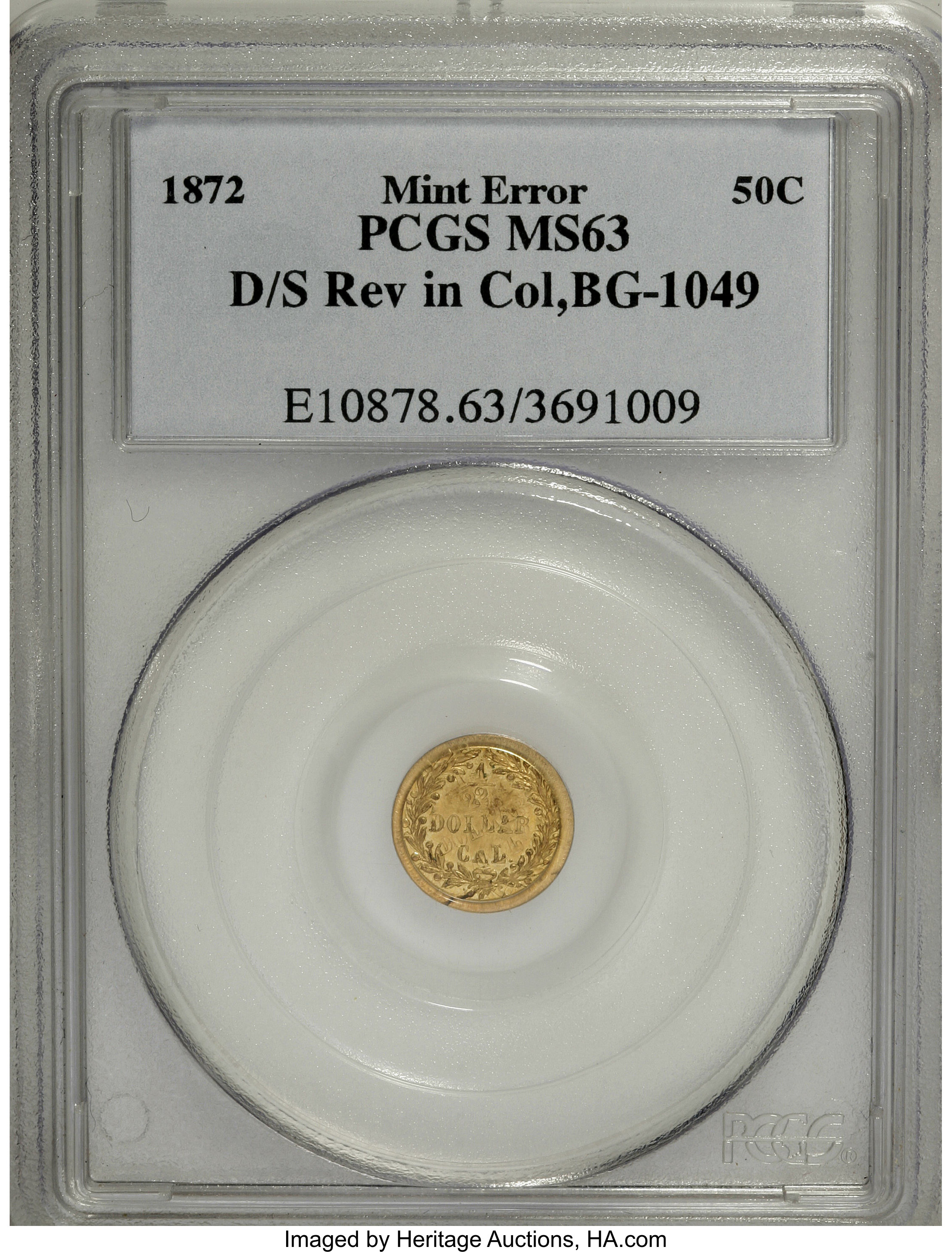 image for: 1872 50C Indian Round 50 Cents, BG-1049, R.4--Reverse Struck Twice in Collar--MS63 PCGS....