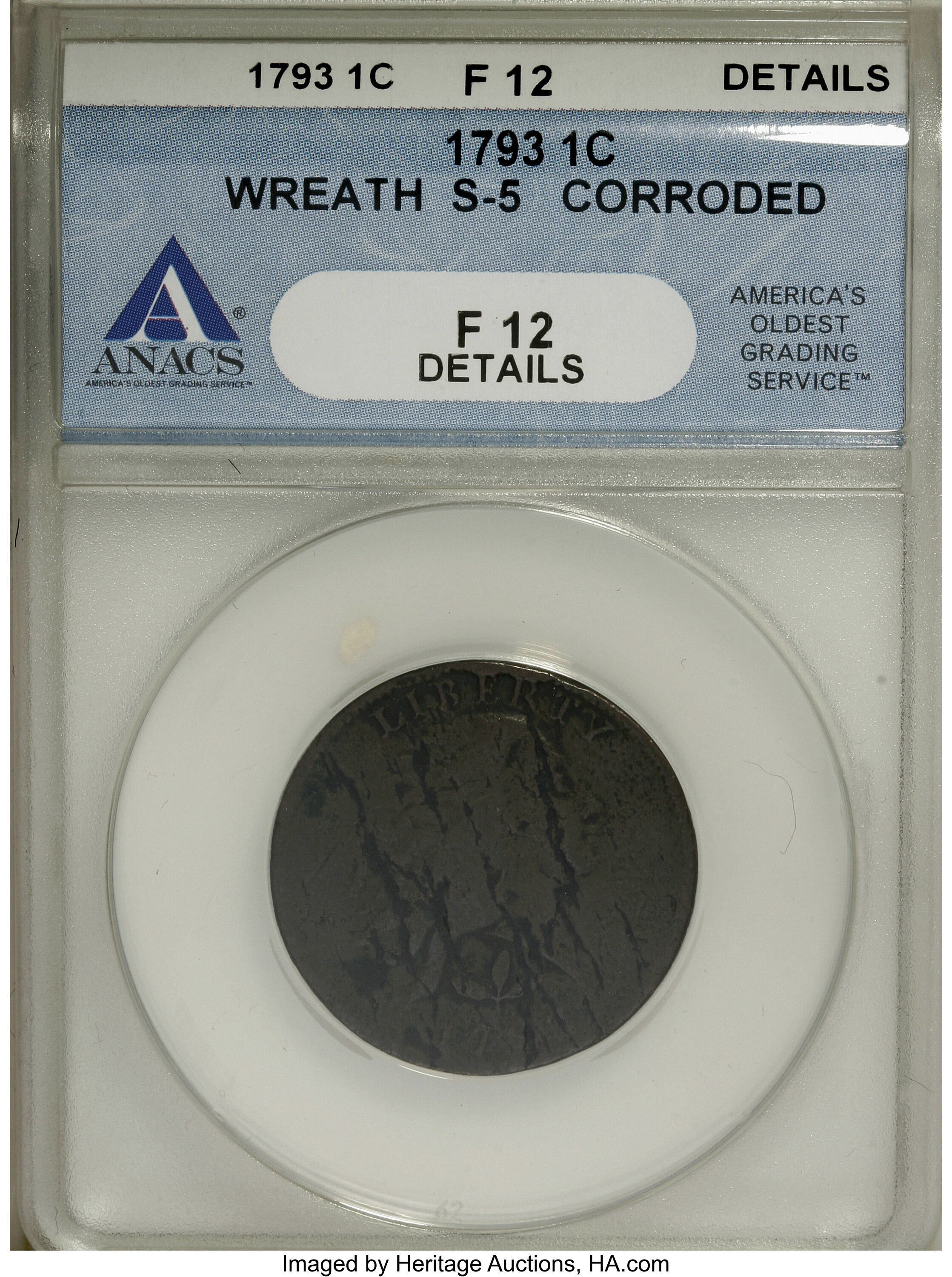 image for: 1793 1C Wreath Cent, Vine and Bars--Corroded--ANACS. Fine 12 Details....