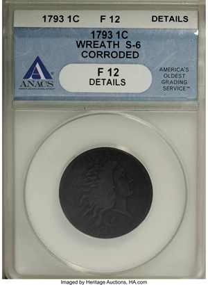image for: 1793 1C Wreath Cent, Vine and Bars Edge--Corroded--ANACS. Fine 12 Details....