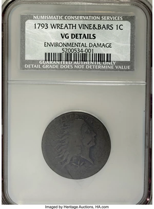 image for: 1793 1C Wreath Cent, Vine and Bars--Environmental Damage--NCS. VG Details....