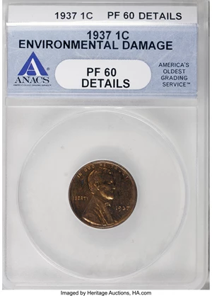 image for: 1937 1C Brown--Environmental Damage--ANACS. PF60 Details. NGC Census: (0/11). PCGS Population (0/4). Mintage: 9,320. Numism...