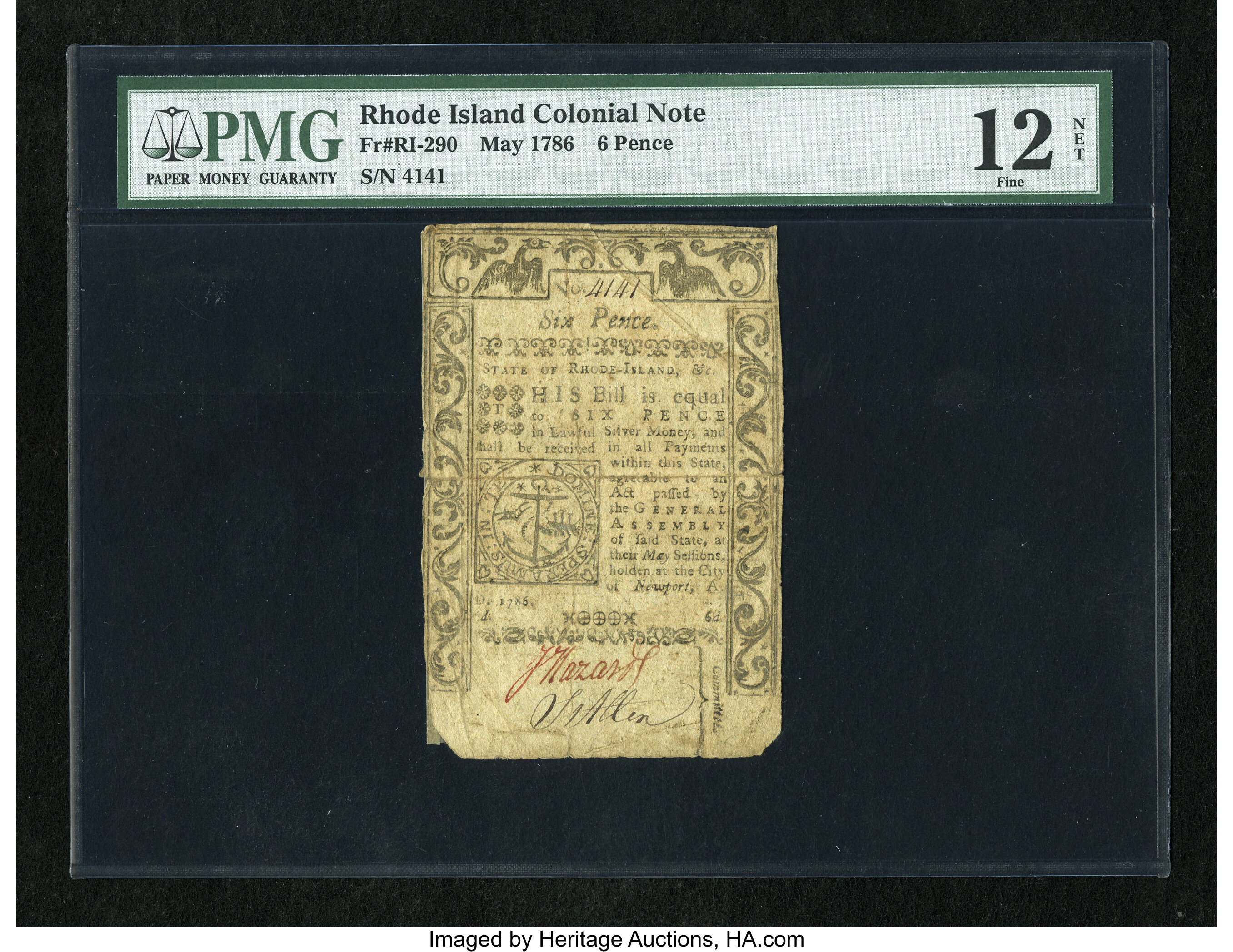 image for: Rhode Island May 1786 6d PMG Net Fine 12....