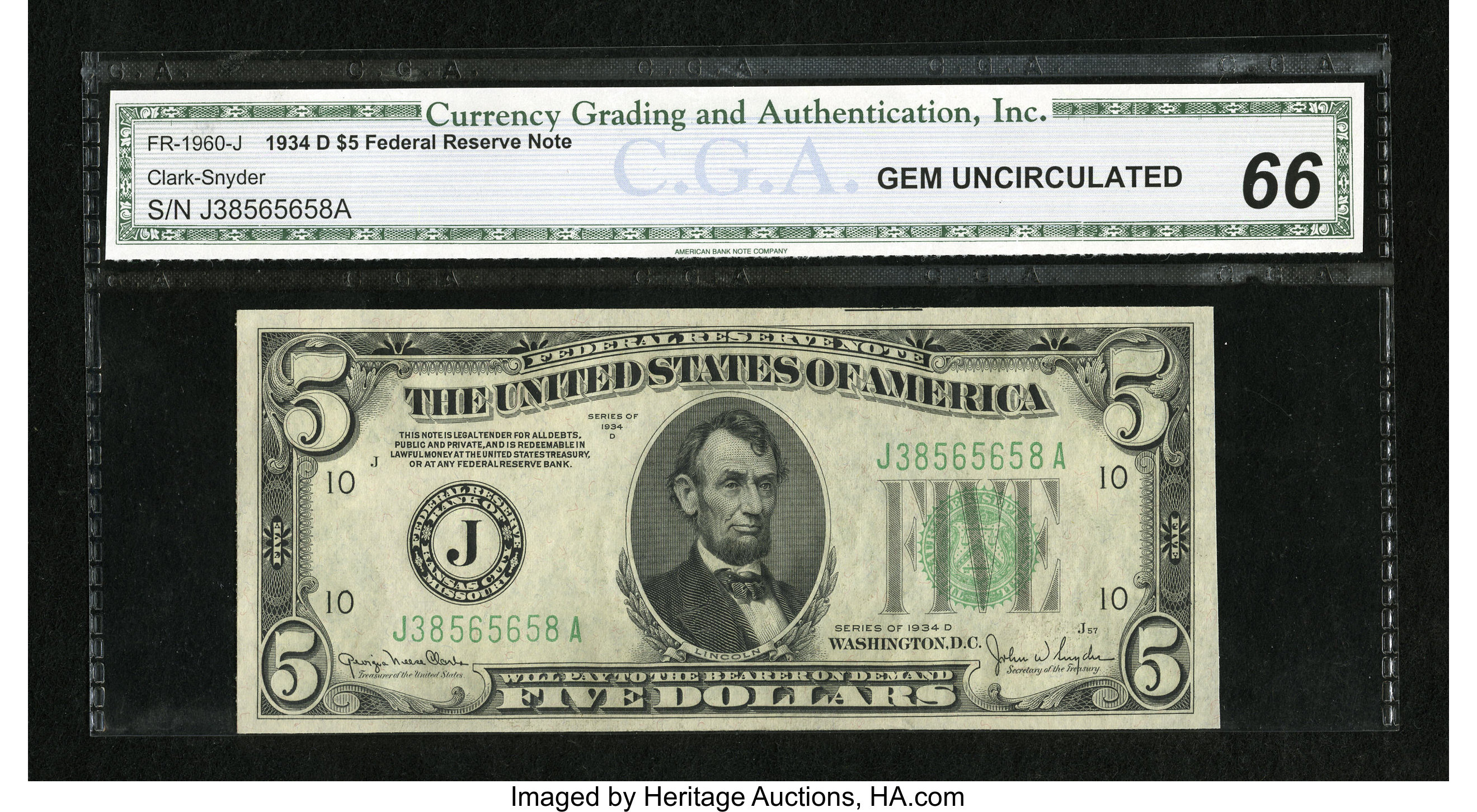 image for: Fr. 1960-J $5 1934D Federal Reserve Note. CGA Gem Uncirculated 66....