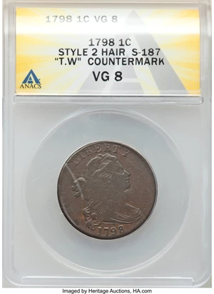 image for: 1798 1C Second Hair Style, S-187, B-40, R.1, "T.W" Counterstamp, VG8 ANACS....