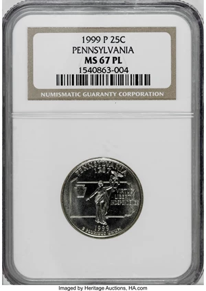 image for: 1999-P 25C Pennsylvania MS67 Prooflike NGC. NGC Census: (350/27). PCGS Population (423/17). Numismedia Wsl. Price for NGC/...
