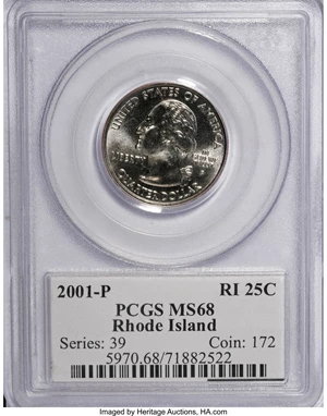image for: 2001-P 25C Rhode Island MS68 PCGS. PCGS Population (297/3). NGC Census: (0/0). Numismedia Wsl. Price for NGC/PCGS coin in ...