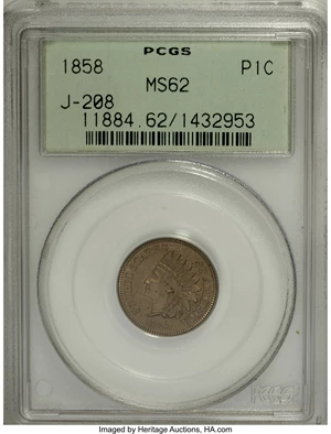 image for: 1858 P1C Indian Cent, Judd-208, Pollock-253-254, 259, 261, R.4-7, MS62 PCGS....