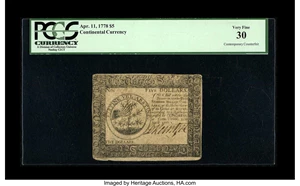 image for: Continental Currency April 11, 1778 $5 Contemporary Counterfeit PCGS Very Fine 30....