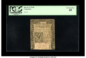 image for: Connecticut May 10, 1775 20s PCGS Extremely Fine 45....