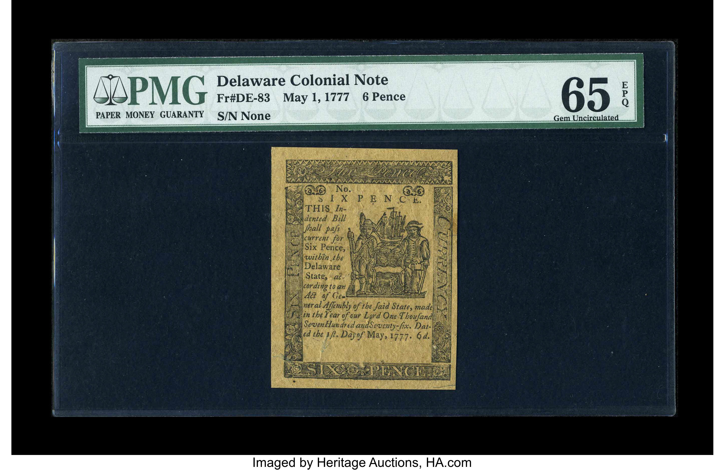 image for: Delaware May 1, 1777 6d PMG Gem Uncirculated 65 EPQ....