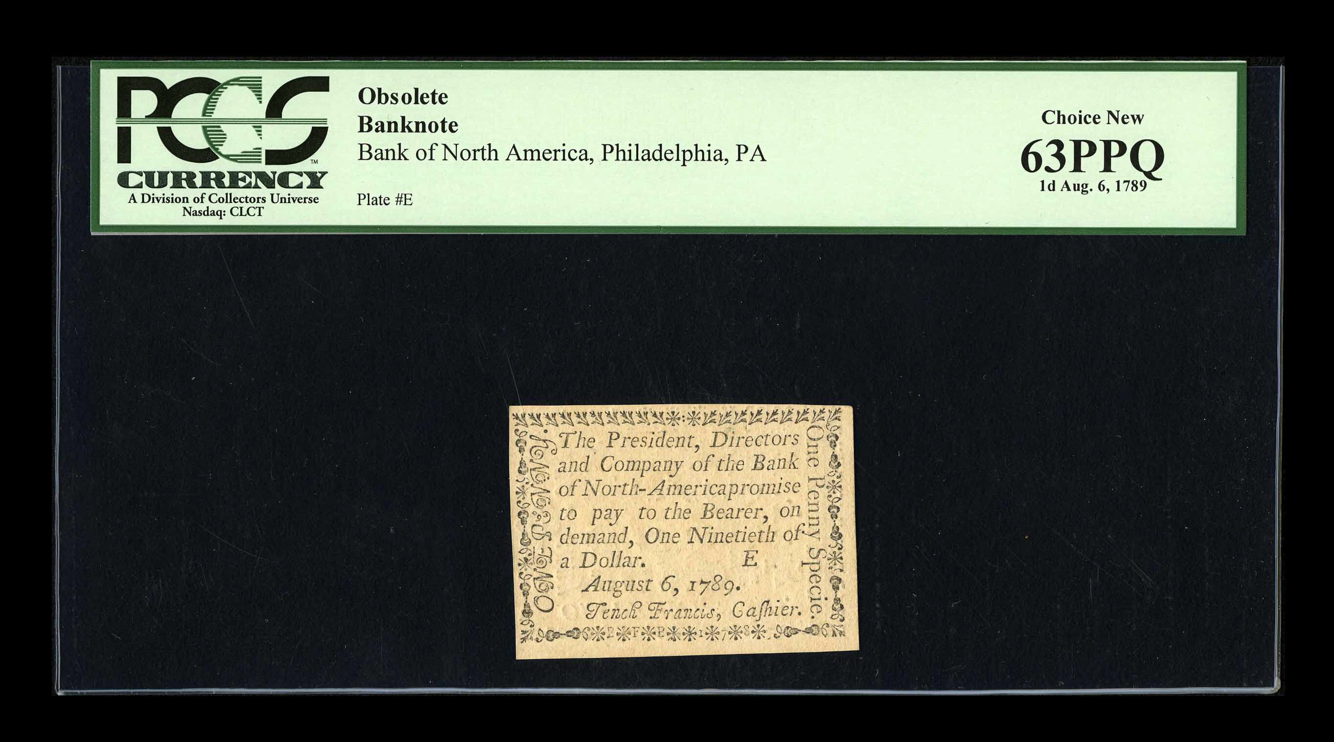 image for: Pennsylvania Bank of North America August 6, 1789 1d PCGS Choice New 63PPQ. ...