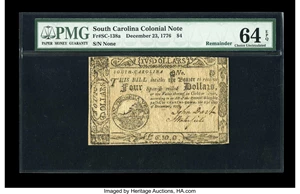 image for: South Carolina December 23, 1776 $4 PMG Choice Uncirculated 64 EPQ Remainder....